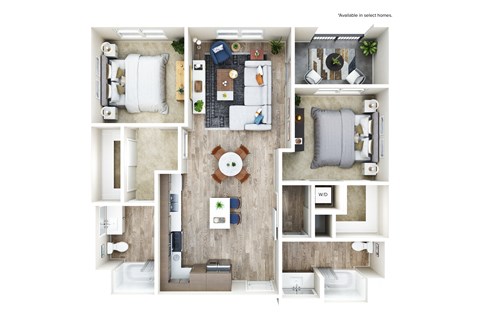 Floor plan for 2 beds, 2 baths, 1119 sqft